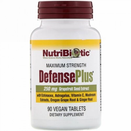 NutriBiotic, ディフェンスプラス、250 mg、グレープフルーツシードエキス (GSE)、植物性タブレット 90粒