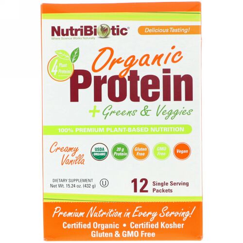 NutriBiotic, オーガニックプロテイン + 葉菜 & 野菜、クリーミーバニラ、1食分個別包装12パック、各1.26オンス (36 g) (Discontinued Item)