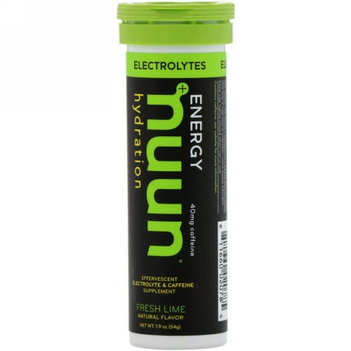 Nuun, エネルギー、発泡電解質 & カフェインサプリメント、フレッシュライム、10錠 (Discontinued Item)
