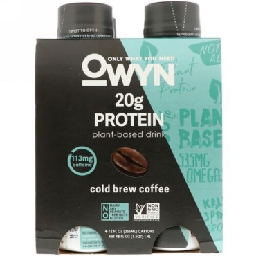 OWYN, Protein Plant-Based Shake, Cold Brew Coffee, 4 Shakes, 12 fl oz (355 ml) Each (Discontinued Item)