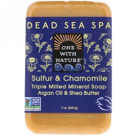 One with Nature, トリプルミルド ミネラル ソープ、 硫黄 & カモミール、 7 oz (200 g)