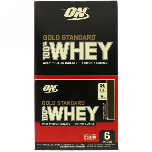 Optimum Nutrition, ゴールドスタンダード100％ホエイ、ダブルリッチチョコレート、6袋、各1.07 oz (30.4 g) (Discontinued Item)