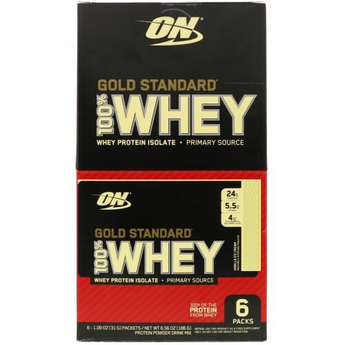 Optimum Nutrition, ゴールドスタンダード100％ホエイ、バニラアイスクリーム、6袋、各1.09 oz (31 g) (Discontinued Item)