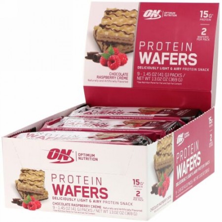 Optimum Nutrition, プロテインウエハース、チョコレートラズベリークリーム、9パック、各41g（1.45oz）