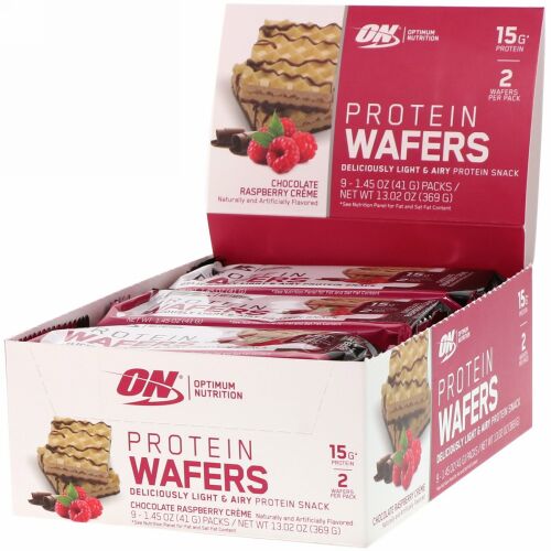 Optimum Nutrition, プロテインウエハース、チョコレートラズベリークリーム、9パック、各41g（1.45oz）