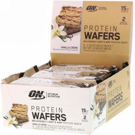 Optimum Nutrition, プロテインウエハース、バニラクリーム、9パック、各40g（1.42oz）