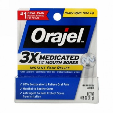 Orajel, Instant Pain Relief Gel, 3X Medicated For All Mouth Sores, 0.18 oz (5.1 g)