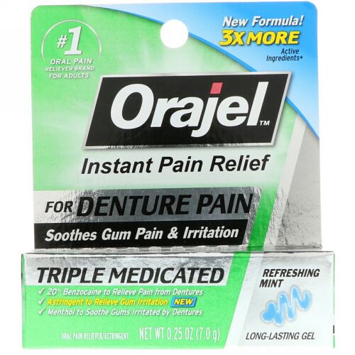 Orajel, 入れ歯の痛み向けの速効性鎮痛剤、トリプルメディケイドジェル、爽やかミント、0.25 oz (7.0 g) (Discontinued Item)