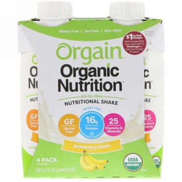 Orgain, Organic Nutrition, All-in-One Nutritional Shake, Bananas & Cream, 4 Pack, 11 fl oz Each (Discontinued Item)