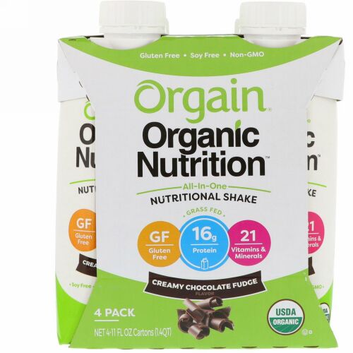 Orgain, オーガニック栄養素、オールインワン栄養シェイク、クリーミーチョコレートファッジ、4袋、各11 fl oz