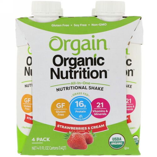 Orgain, オーガニック・ニュートリション、オールインワン・ニュートリションシェイク、ストロベリー＆クリーム、4袋　（各11オンス） (Discontinued Item)