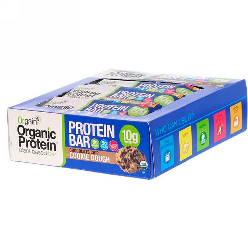 Orgain, オーガニック植物性プロテインバー、チョコレートチップクッキー生地、12本、各1.41 oz (40 g)