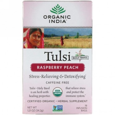Organic India, Tulsi, Raspberry Peach, Caffeine Free, 18 Infusion Bags, 1.21 oz (34.2 g) (Discontinued Item)