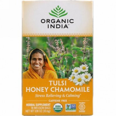 Organic India, トゥルシーティー、ハニーカモミール、カフェインフリー、18袋、30.6 g（1.08 oz）