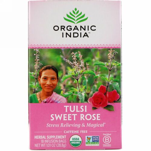 Organic India, トゥルシー ティー、スイートローズ、カフェインフリー、18袋、28.8g（1.01オンス）