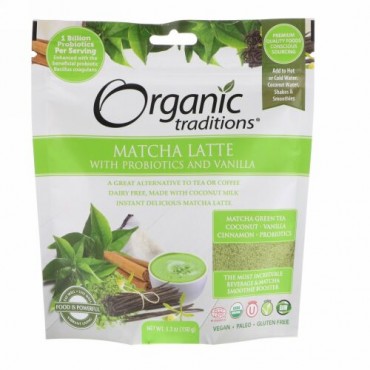 Organic Traditions, プロバイオティクスとバニラ入り抹茶ラテ、5.3 oz (150 g)