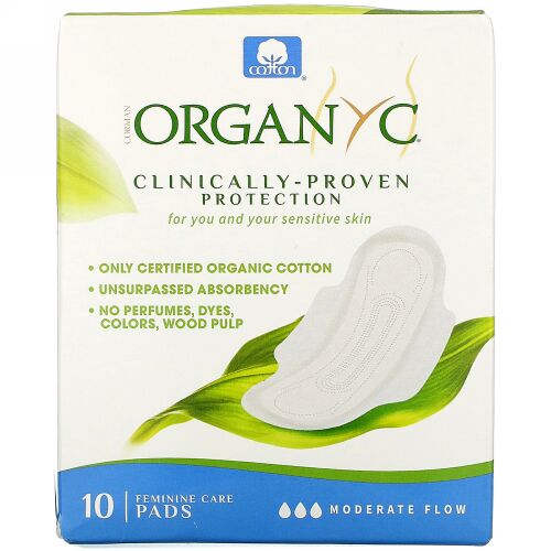 Organyc, オーガニックコットンパッド、中程度のフロー、10パッド
