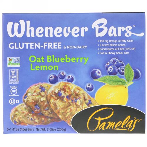 Pamela's Products, Whenever Bars, Oat Blueberry Lemon, 5 Bars, 1.41 oz (40 g) Each (Discontinued Item)
