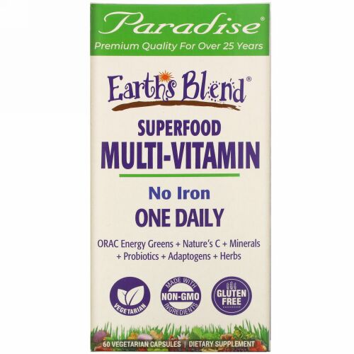 Paradise Herbs, Earth's Blend（アースブレンド）、ワンデイリー スーパーフード マルチビタミン、鉄分無添加、植物性カプセル60粒