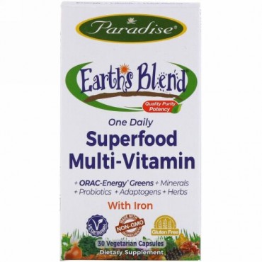 Paradise Herbs, Earth's Blend, One Daily Superfood Multi-Vitamin, With Iron, 30 Vegetarian Capsules