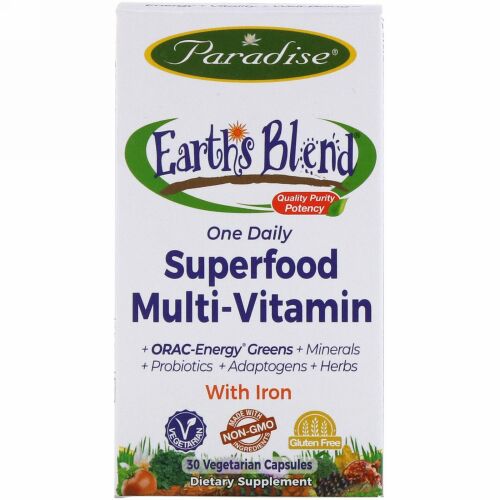 Paradise Herbs, Earth's Blend, One Daily Superfood Multi-Vitamin, With Iron, 30 Vegetarian Capsules