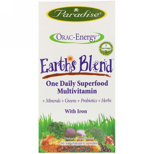 Paradise Herbs, ORAC-エナジー®, アース・ブレンド™, ワン・デイリー・スーパーフード・マルチビタミン, 鉄配合, 60 ベジタリアンカプセル