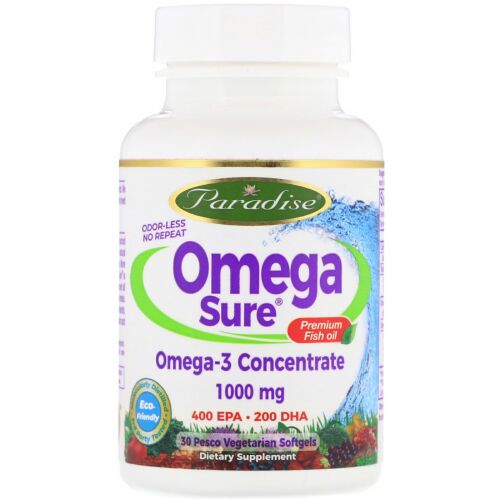 Paradise Herbs, Omega Sure, Omega-3 Premium Fish Oil, 1,000 mg, 30 Pesco Vegetarian Softgels