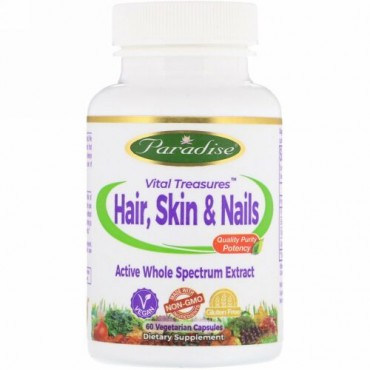 Paradise Herbs, ヴァイタル トレジャーズ、ヘア・スキン・ネイル、ベジタリアンカプセル60個