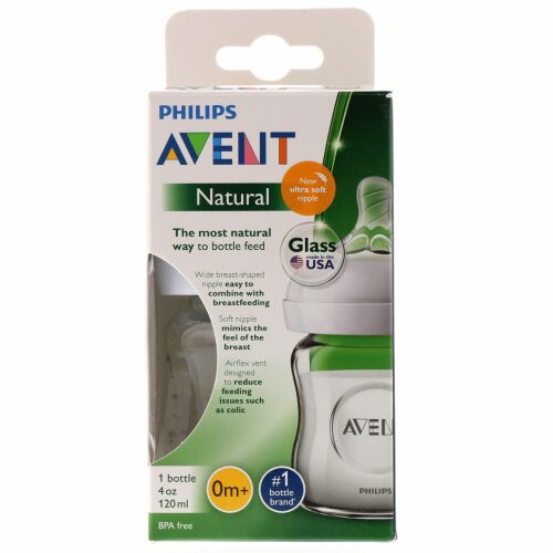 Philips Avent, Natural Glass Bottle, 0 + Months, 1 Bottle, 4 oz (120 ml) (Discontinued Item)