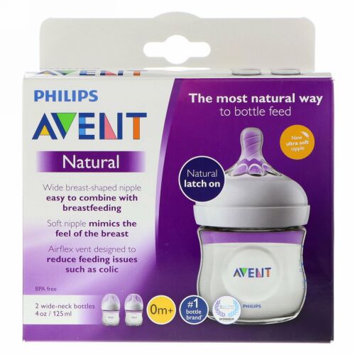 Philips Avent, ナチュラルラッチ・オン・ボトル、生後0ヶ月以上、2本、各4 oz (125 ml) (Discontinued Item)