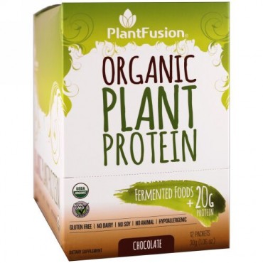 PlantFusion, オーガニック植物性タンパク質、チョコレート、12袋、各1.06オンス (30 g) (Discontinued Item)