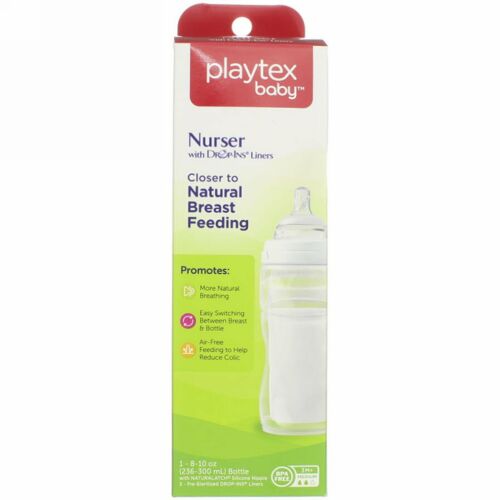 Playtex Baby, 自然な母乳に近い形の哺乳瓶、生後3ヶ月以上、ミディアム、Drop-INSライナー5個付きボトル1本、8-10オンス (236-300 ml) (Discontinued Item)