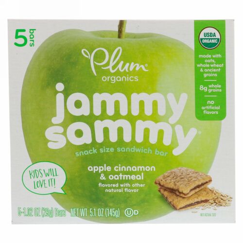 Plum Organics, ジャミーサミー、アップルシナモン＆オートミール、5本、各1.02 oz (29 g)