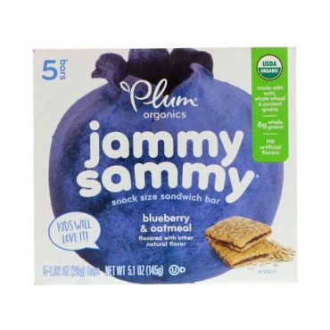 Plum Organics, キッズ、オーガニックJammy Sammy、 ブルーベリー & オートミール、バー 5 本、各 1.03 oz (29 g)
