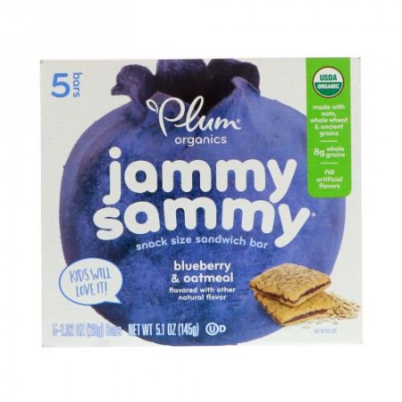 Plum Organics, キッズ、オーガニックJammy Sammy、 ブルーベリー & オートミール、バー 5 本、各 1.03 oz (29 g)