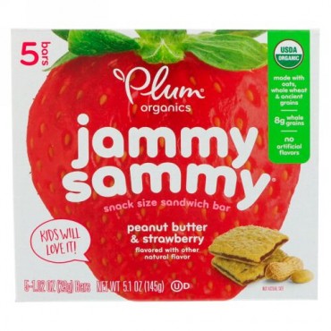 Plum Organics, オーガニック・ジャミーサミー、ピーナッツバター＆ストロベリー、5本、各1.02 oz (29 g)