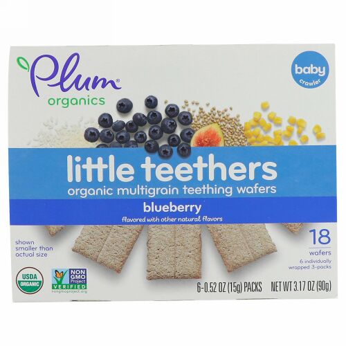 Plum Organics, リトルティーザー、オーガニックマルチグレイン・ティージングウェハース、ブルーベリー、6パック、各0.52 oz (15 g)