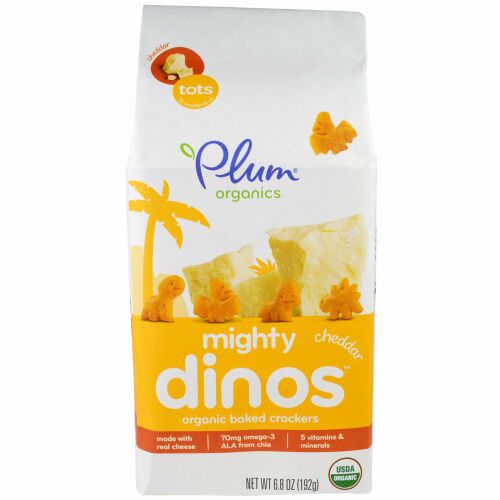 Plum Organics, マイティー・ダイノス、オーガニック・ベークドクラッカー、チェダー、トッツ、生後12ヶ月以上、6.8オンス（192g） (Discontinued Item)