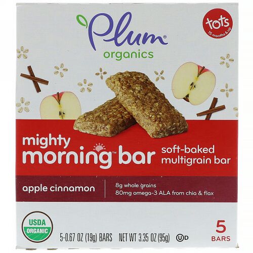 Plum Organics, マイティモーニングバー、幼児用、アップルシナモン、5本、各0.67 oz (19 g) (Discontinued Item)
