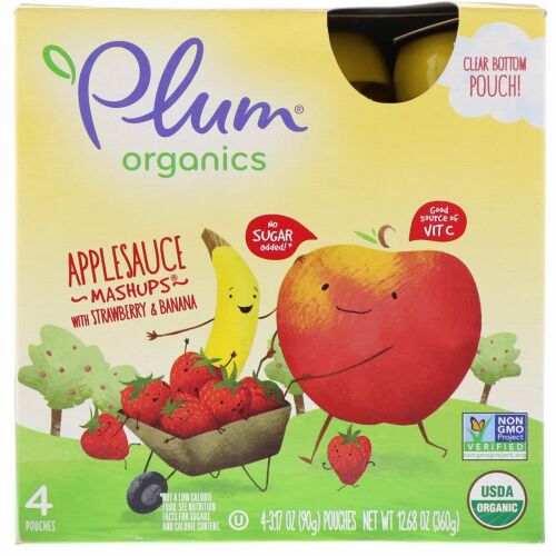 Plum Organics, ストロベリー＆バナナ入りのオーガニックアップルソースマッシュアップ、  4包、各3.17オンス（90g）