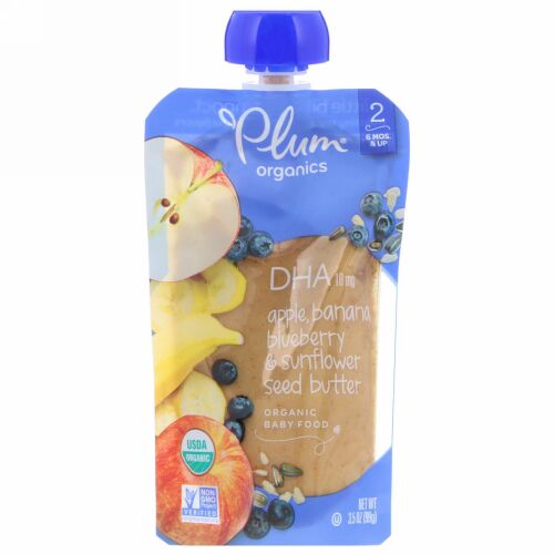 Plum Organics, Organic Baby Food, DHA, Apple, Banana Blueberry & Sunflower Seed Butter, 18 mg, 3.5 oz (99 g) (Discontinued Item)