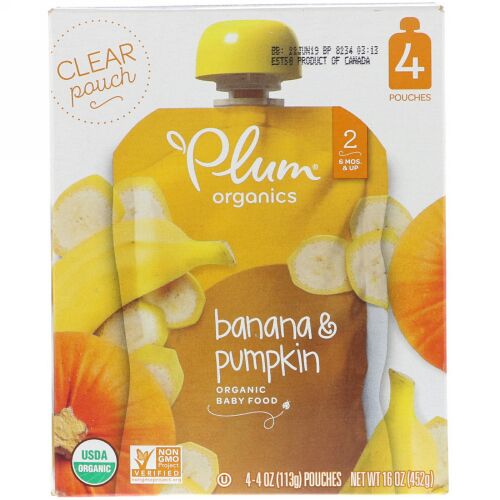 Plum Organics, オーガニックベビーフード、ステージ2、バナナ & パンプキン、4ポーチ、各4オンス (113 g) (Discontinued Item)