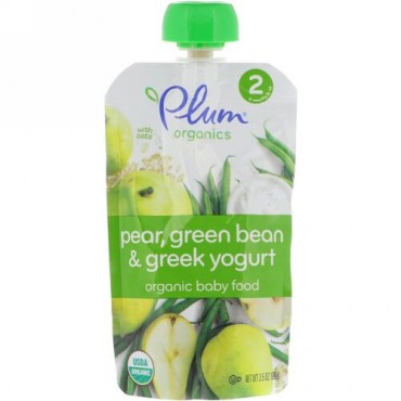 Plum Organics, オーガニックベビーフード、ステージ2、ナシ、インゲン、グリークヨーグルト、3.5 oz (99 g) (Discontinued Item)