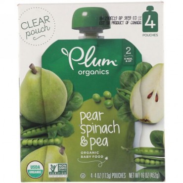 Plum Organics, オーガニックベビーフード、ステージ2、ナシ、ホウレンソウ & エンドウ豆、4ポーチ、各4オンス (113 g) (Discontinued Item)