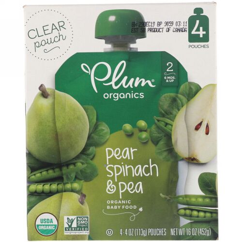 Plum Organics, オーガニックベビーフード、ステージ2、ナシ、ホウレンソウ & エンドウ豆、4ポーチ、各4オンス (113 g) (Discontinued Item)