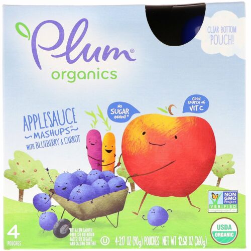 Plum Organics, オーガニックス、アップルソース・マッシュアップ、ブルーベリー＆キャロット味、4袋、各3.17 oz (90 g)