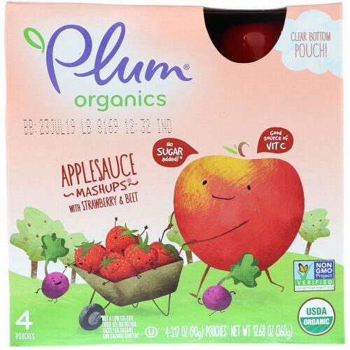 Plum Organics, オーガニックス、アップルソース・マッシュアップ、イチゴ＆ビート味、4袋、各3.17オンス (90 g) (Discontinued Item)