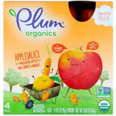 Plum Organics, Organics  Applesauce Mashups with Carrot & Mango, 4 Pouches, 3.17 oz (90 g) Each