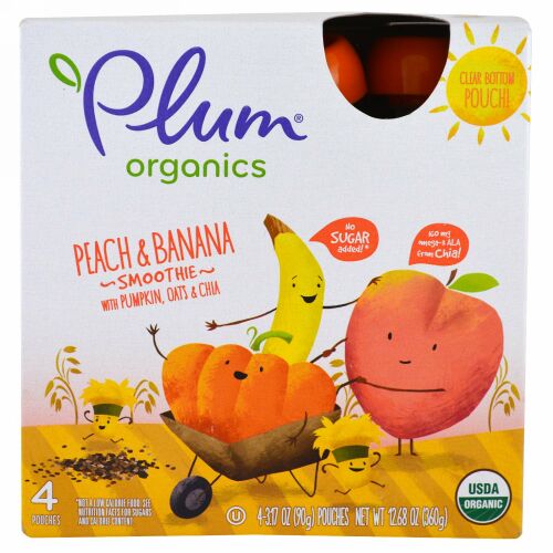 Plum Organics, スムージー、ピーチ＆バナナ、カボチャ、オート＆チア、各3.17 oz (90 g) (Discontinued Item)