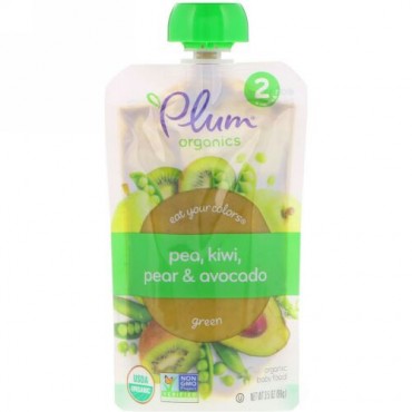 Plum Organics, Stage 2, Eat Your Colors, Green, Pea, Kiwi, Pear & Avocado, 3.5 oz (99 g) (Discontinued Item)